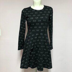 Long Sleeve Black Flared Dress with Cat Outline Faces Pattern Girls XXL